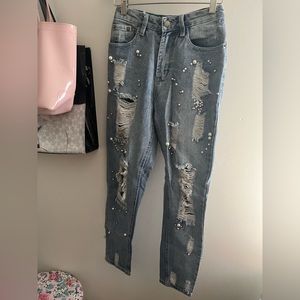 Pearl and Jewel Embellished High Waisted Jeans